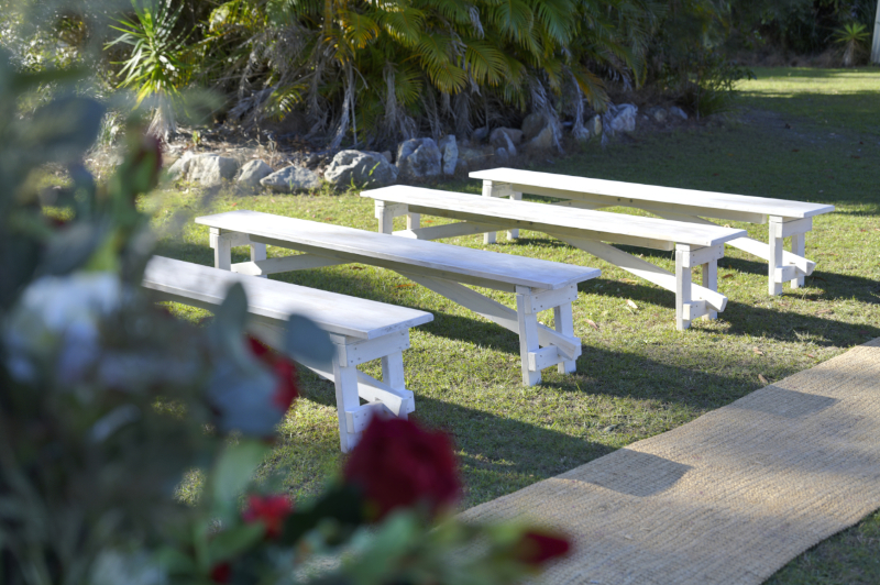 white benches for wedding hire