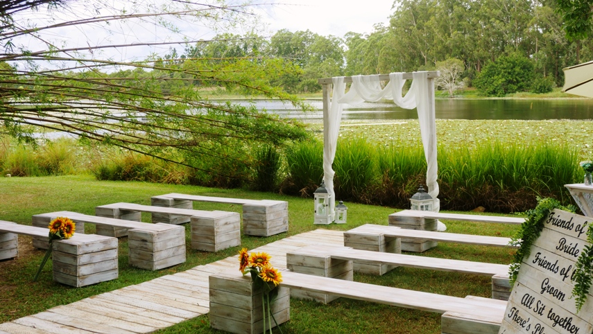 white wedding benches
